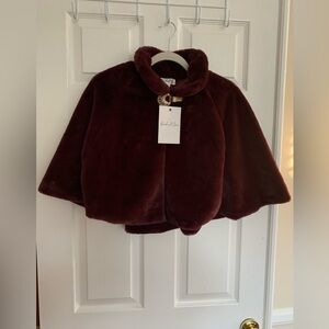NWT Birch & Stone Short Cape Wine Faux Fur Gold/Rhinestone Brooch Clasp Close XL